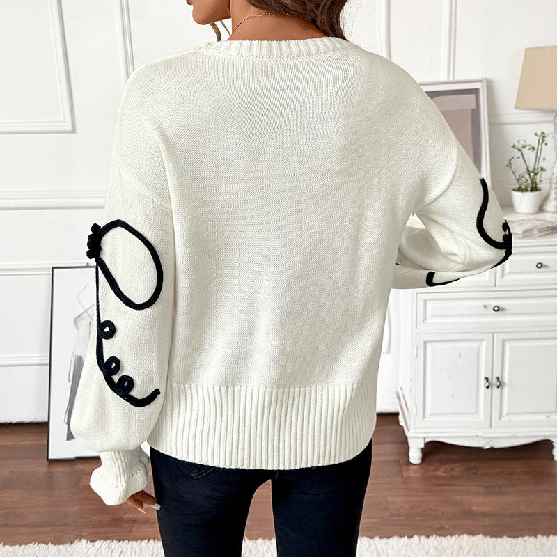 Loose Knit Round Neck Sweater with Bow Decoration