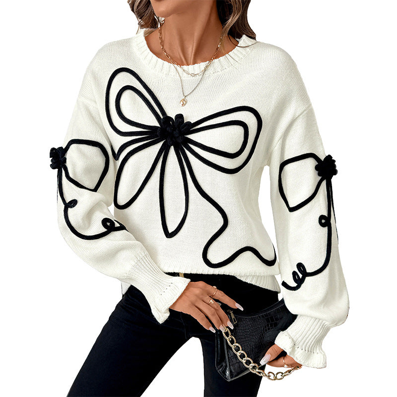 Loose Knit Round Neck Sweater with Bow Decoration