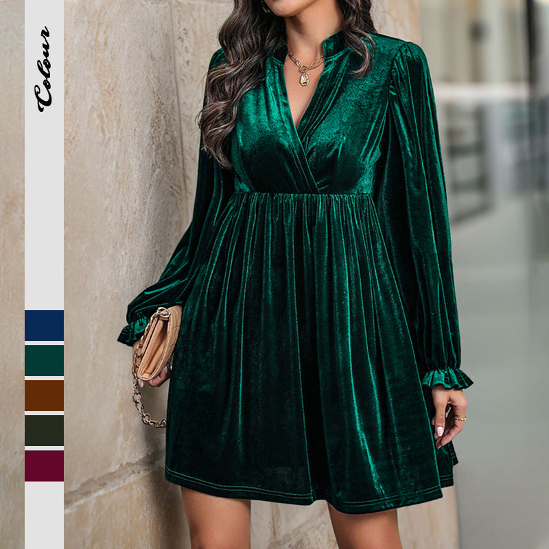 Loose Velvet Mini Dress with Wrap V-Neck and Lantern Sleeves