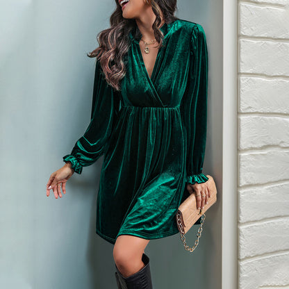 Loose Velvet Mini Dress with Wrap V-Neck and Lantern Sleeves