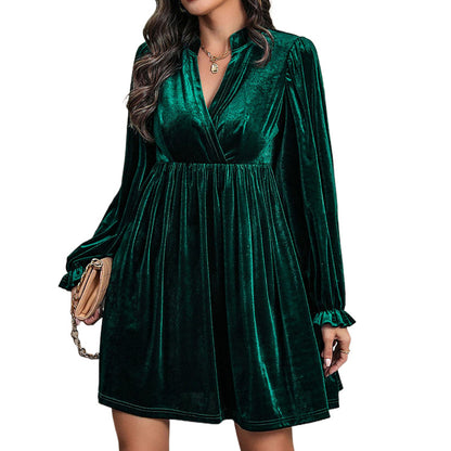 Loose Velvet Mini Dress with Wrap V-Neck and Lantern Sleeves