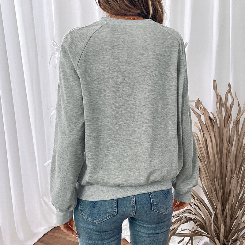 Round Neck Sweatshirt with Bow Lace Patchwork Sleeves