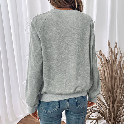 Casual Sweatshirt with Lace Patchwork and Ribbon Bows