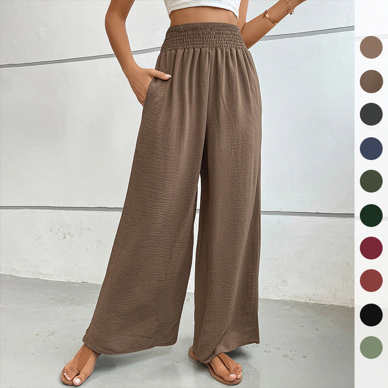 Casual Wide-Leg Trousers with High Smocked Waist