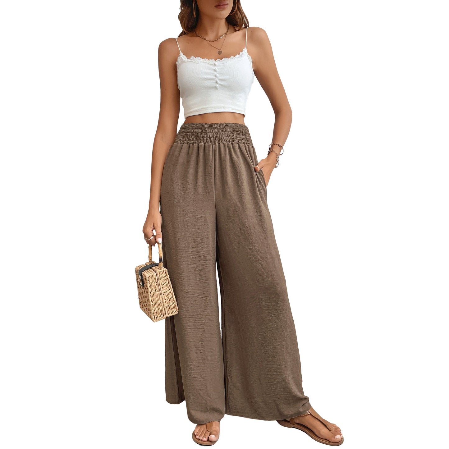 Casual Wide-Leg Trousers with High Smocked Waist