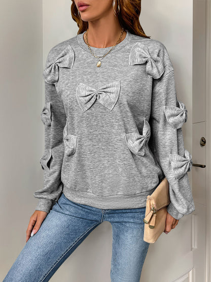 Solid Gray Round-Neck Sweatshirt with Bow Appliques