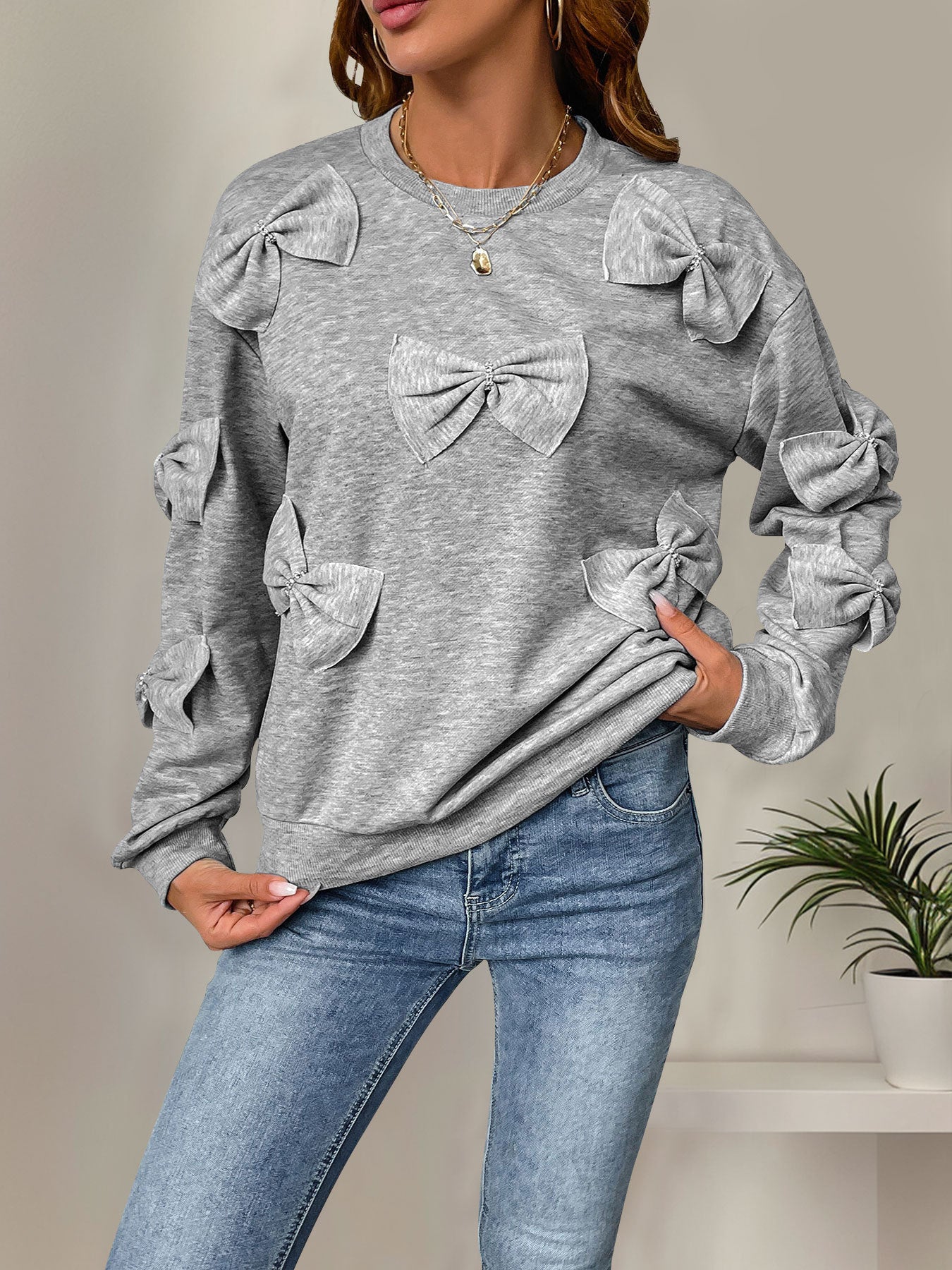 Solid Gray Round-Neck Sweatshirt with Bow Appliques