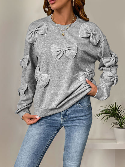 Solid Gray Round-Neck Sweatshirt with Bow Appliques