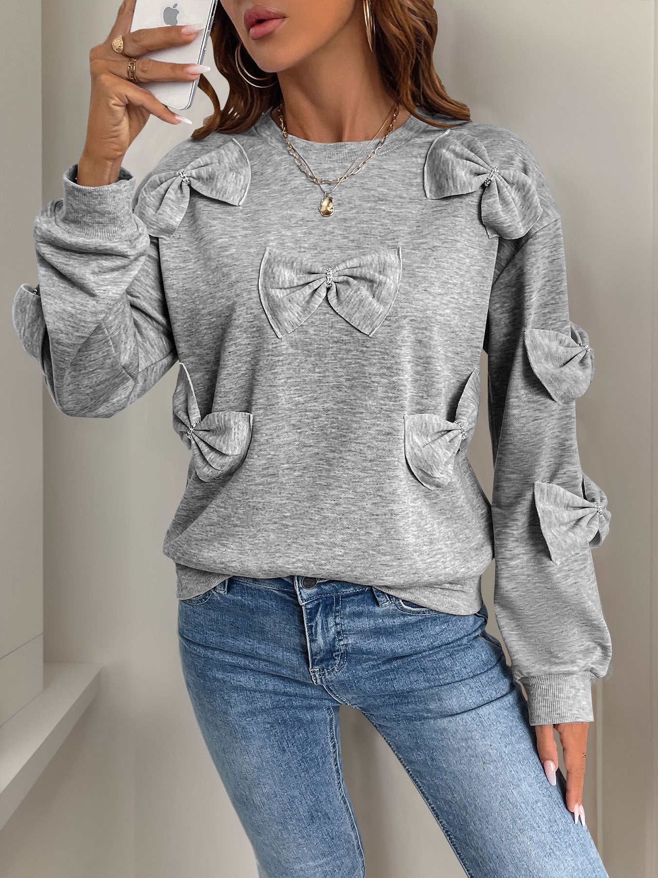 Gray Round-Neck Sweatshirt with Bow Appliqués