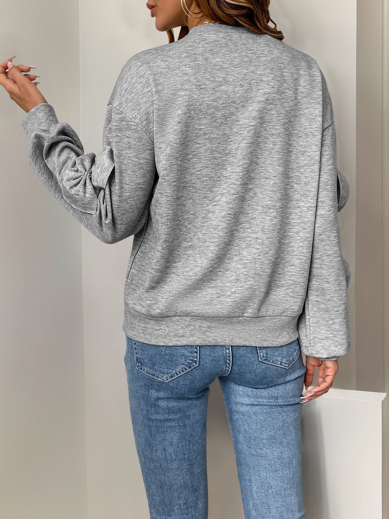 Solid Gray Round-Neck Sweatshirt with Bow Appliques