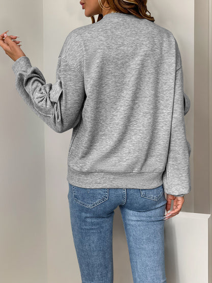 Solid Gray Round-Neck Sweatshirt with Bow Appliques
