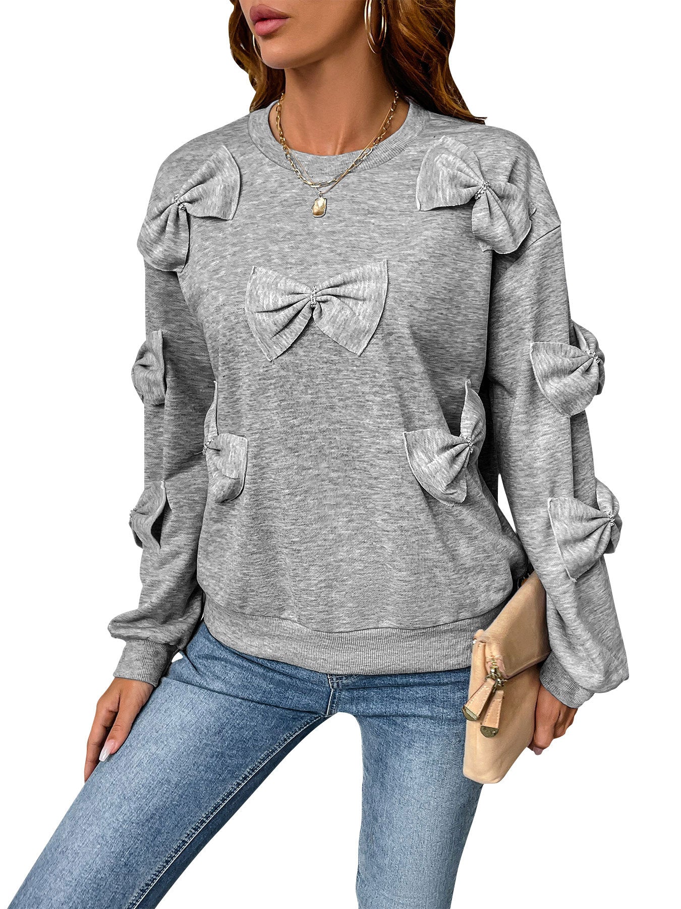 Solid Gray Round-Neck Sweatshirt with Bow Appliques
