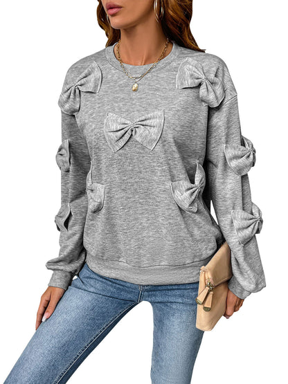 Gray Round-Neck Sweatshirt with Bow Appliqués