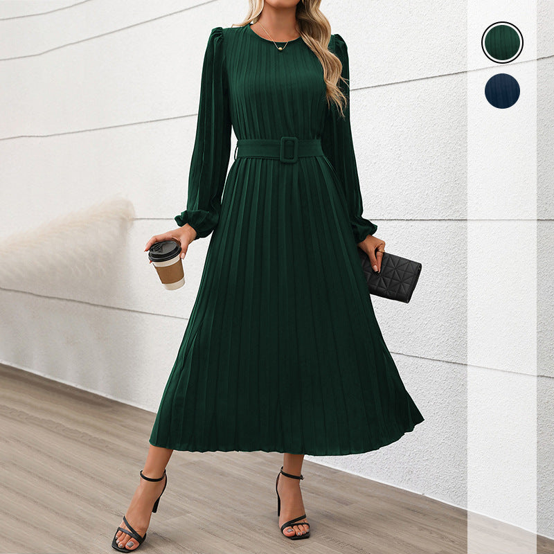 Solid Pleated Midi Dress with Lantern Sleeves and Belted Waist