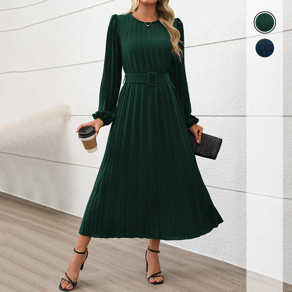 Solid Pleated Midi Dress with Lantern Sleeves and Belted Waist