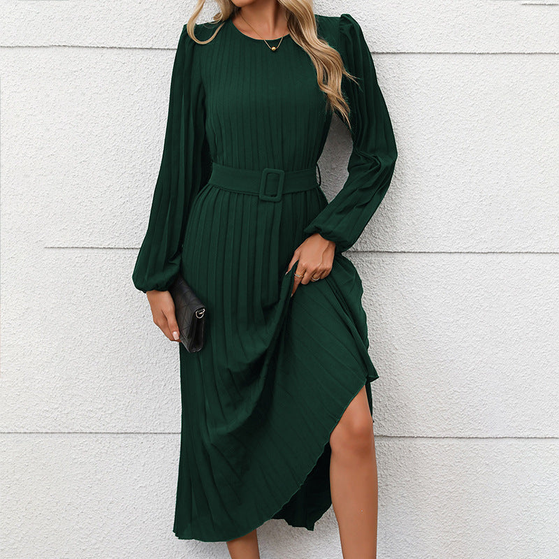 Solid Pleated Midi Dress with Lantern Sleeves and Belted Waist