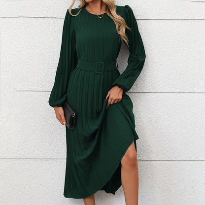 Solid Pleated Midi Dress with Lantern Sleeves and Belted Waist