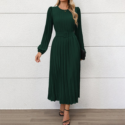 Solid Pleated Midi Dress with Lantern Sleeves and Belted Waist