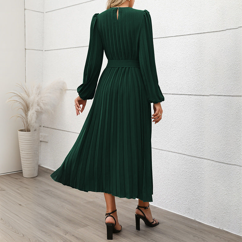 Solid Pleated Midi Dress with Lantern Sleeves and Belt
