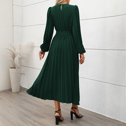 Solid Pleated Midi Dress with Lantern Sleeves and Belt
