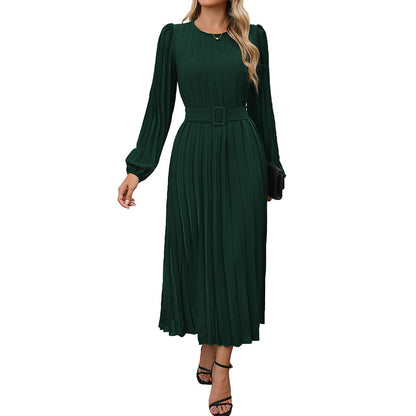 Solid Pleated Midi Dress with Lantern Sleeves and Belt