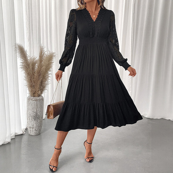 Tiered Midi Dress with V-Neck and Lace Lantern Sleeves