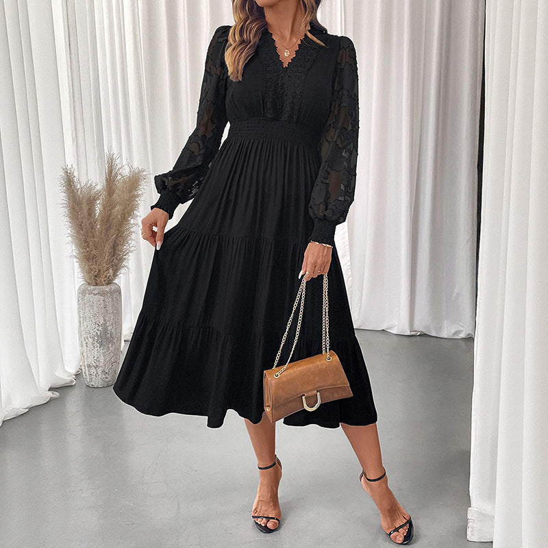 Tiered Midi Dress with V-Neck and Lace Lantern Sleeves