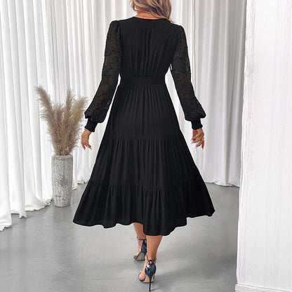 Solid Tiered Midi Dress with V-Neck and Lace Lantern Sleeves
