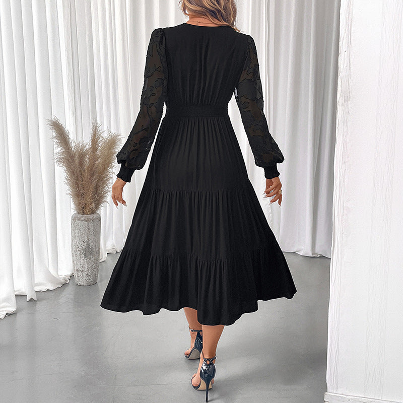 Tiered Midi Dress with V-Neck and Lace Lantern Sleeves