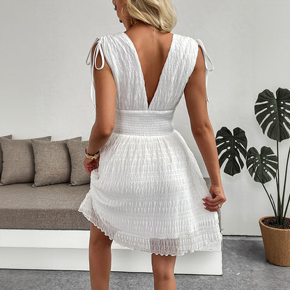 Shirred Waist Mini Dress with V-Neck and Tie Shoulders