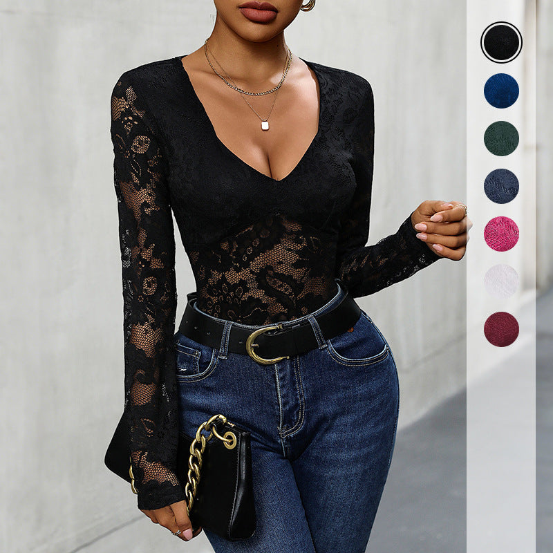 Bodycon Lace Bodysuit with Deep V-Neck and Long Sleeves