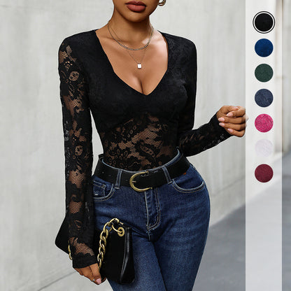Bodycon Lace Bodysuit with Deep V-Neck and Long Sleeves