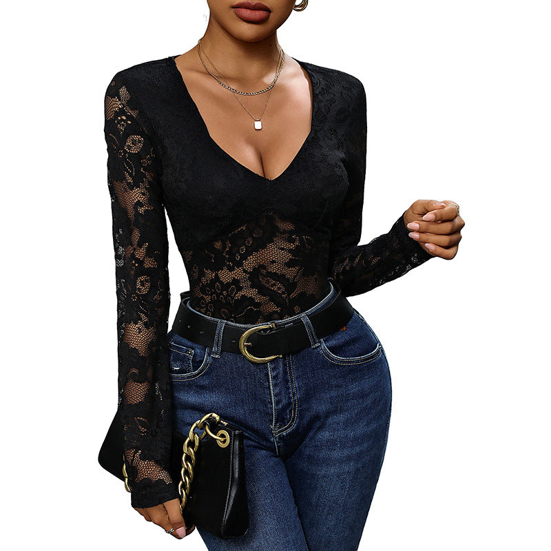 Bodycon Lace Bodysuit with Deep V-Neck and Long Sleeves
