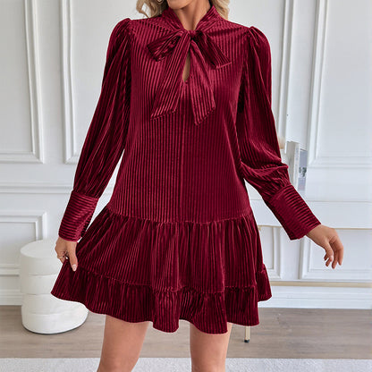 Ribbed Velvet Mini Dress with Bow Tie Collar and Ruffle Hem