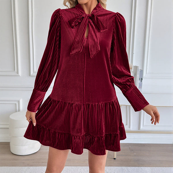 Ribbed Velvet Mini Dress with Bow Tie Collar and Ruffle Hem