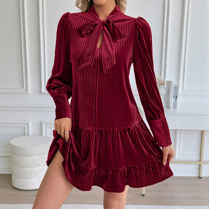 Ribbed Velvet Mini Dress with Bow Tie Collar and Ruffle Hem