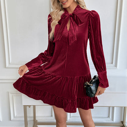 Ribbed Velvet Mini Dress with Bow Tie Collar and Ruffle Hem