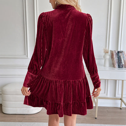 Ribbed Velvet Mini Dress with Bow Tie Collar and Ruffle Hem