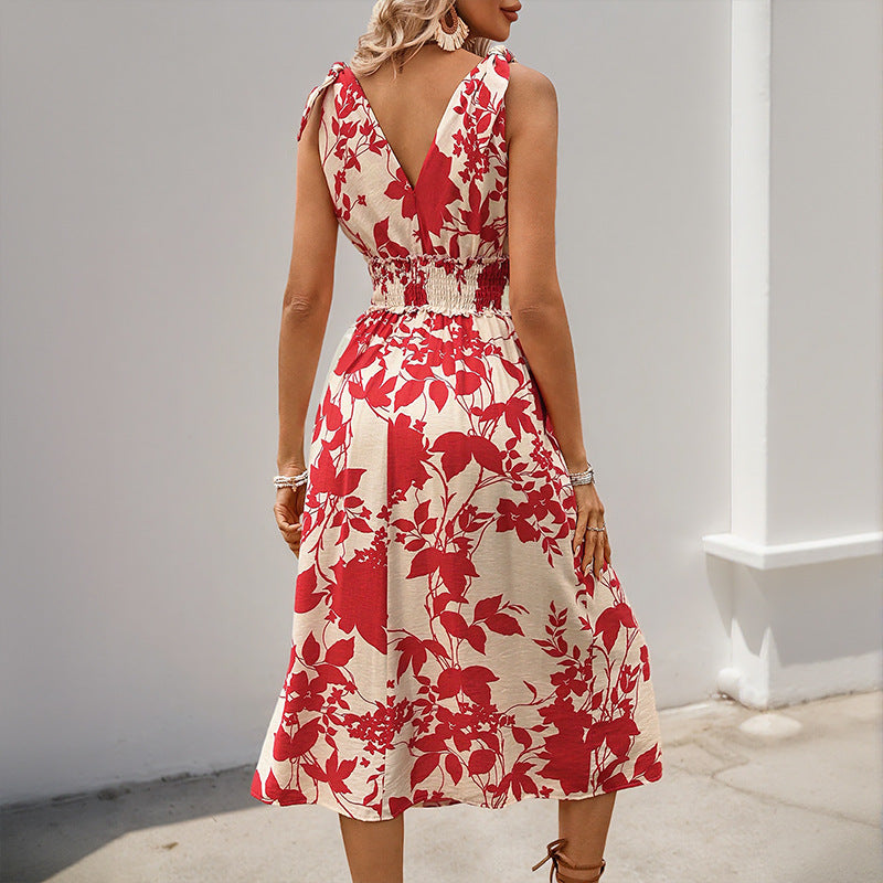 Red Floral A-Line Midi Dress with V-Neck and Ruched Waist