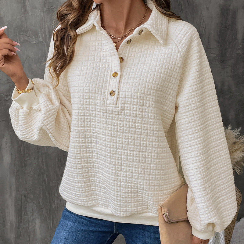 Waffle Knit Sweatshirt with Lapel Collar and Button Placket
