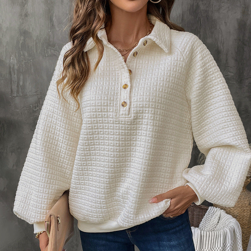 Waffle Knit Sweatshirt with Lapel Collar and Button Placket