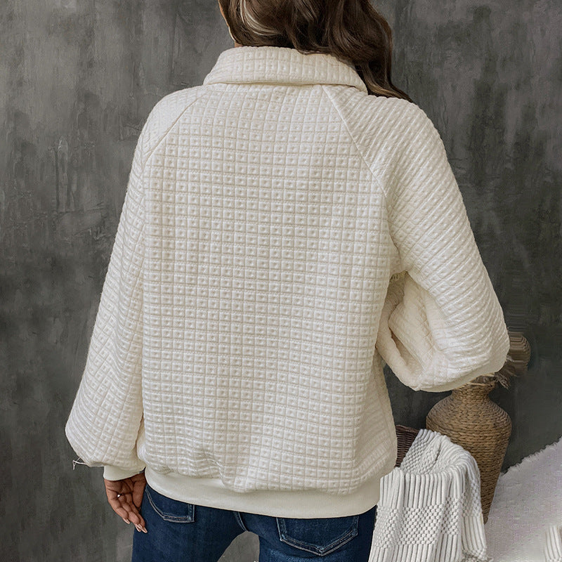 Waffle Knit Sweatshirt with Lapel Collar and Button Placket