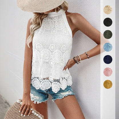 Solid Color Crochet Lace Tank Top with Halter Neck