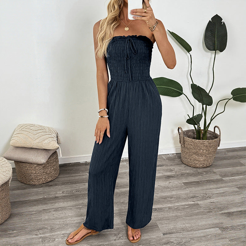 Ribbed Strapless Jumpsuit with Shirred Bodice and Elastic Waist