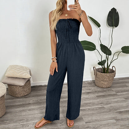 Ribbed Strapless Jumpsuit with Shirred Bodice and Elastic Waist