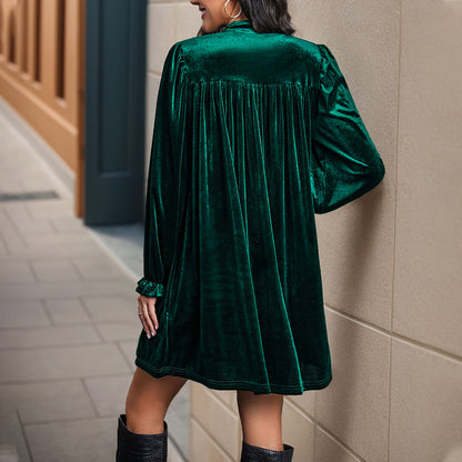 A-Line Velvet Dress with V-Neck and Lantern Sleeves