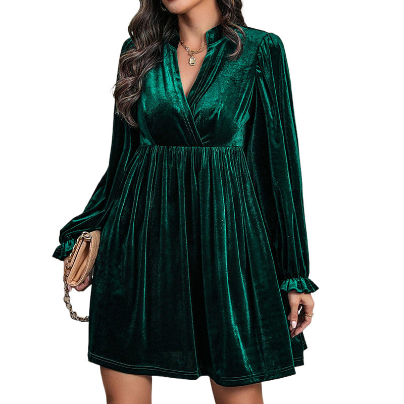 A-Line Velvet Dress with V-Neck and Lantern Sleeves