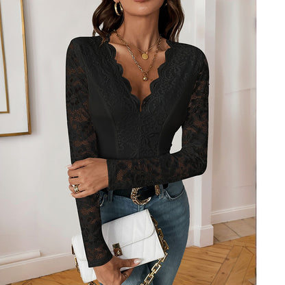 Lace Bodysuit with Long Sleeves and Scalloped V-Neck
