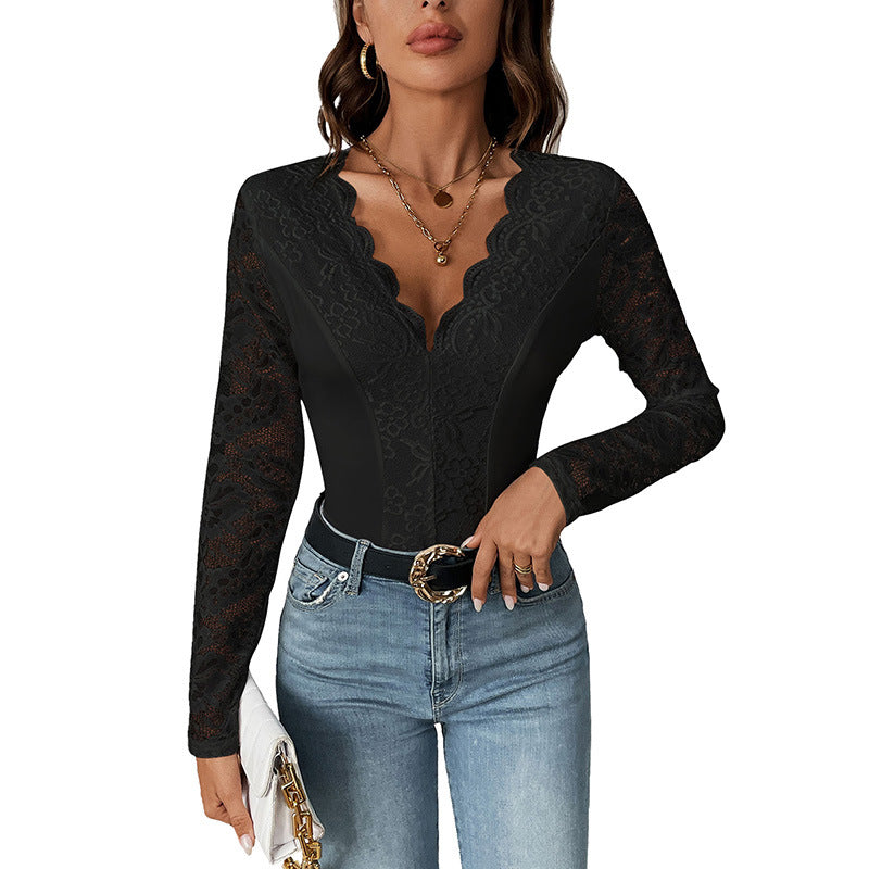 Lace Bodysuit with Long Sleeves and Scalloped V-Neck