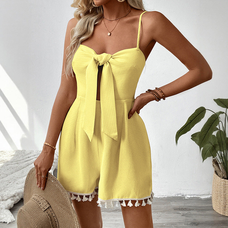 Waffle Romper with Front Bowknot and Tassel Hem
